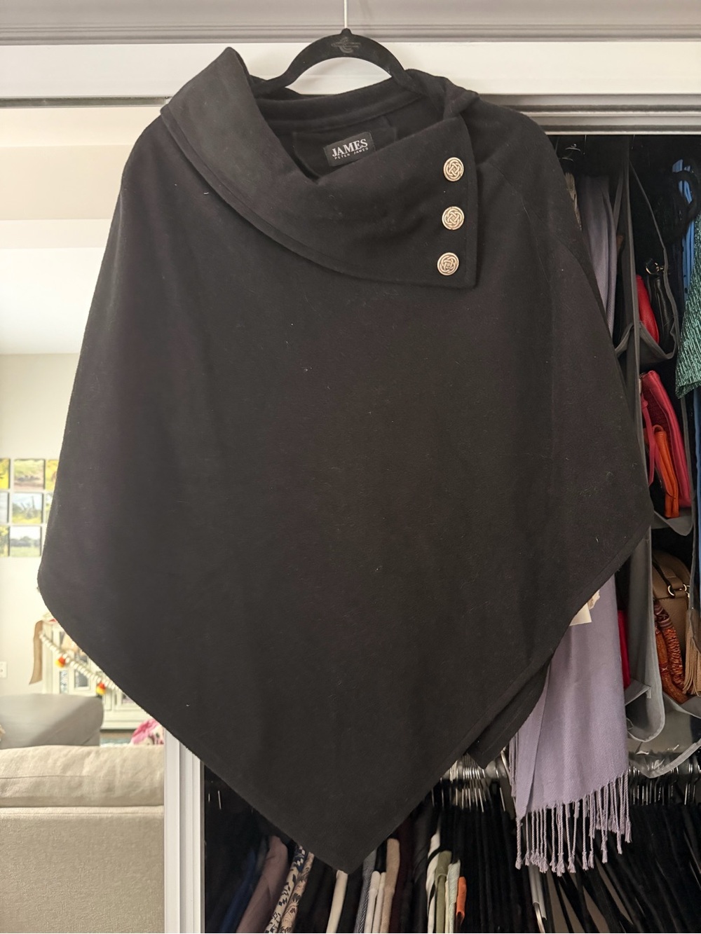 James Perse Black Button-Accent Poncho Wrap